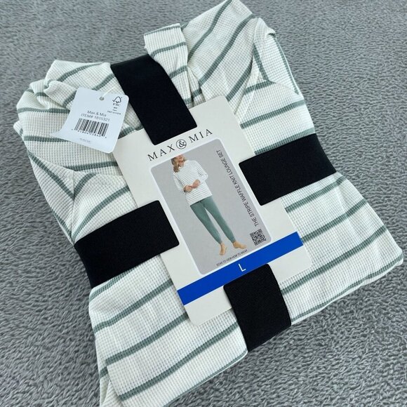 Max & Mia Waffle Knit Lounge Set Sage Striped Top & Solid Pants L  NWT 1043 - Picture 1 of 7